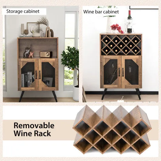 2-Door Farmhouse Kitchen Storage Bar Cabinet with Wine Rack and Glass Holder-Rustic Brown