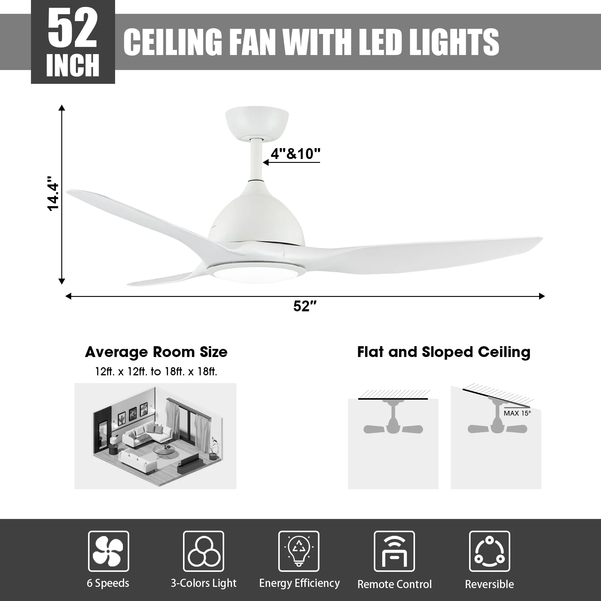 52" Vaczon 3 Blades Ceiling Fan with LED Light and Remote Control