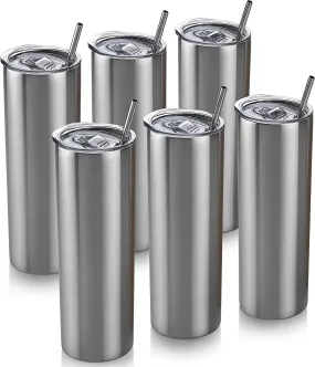 6 Skinny Tumbler 6 Pack - 20 oz Stainless Steel { Silver Color } Insulated