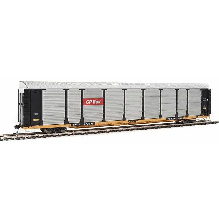 89' Thrall Bi-Level Auto Carrier - Ready To Run Canadian Pacific #974244 / TTGX Flatcar (Car: black, silver; Flat: yellow)