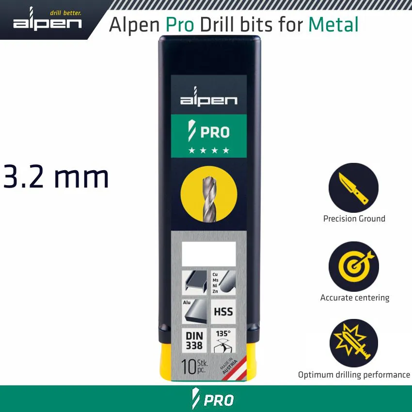 ALPEN ALPEN PRO HSS DRILL DIN 338 RN 135 WITH SPLIT POINT 3.2MM BULK ALP9540032