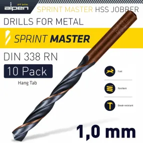 ALPEN HSS SPRINT MASTER 1.0MM 10-PACK HANG TAG DIN 338 ALPEN DRILL BITS ALP6310010