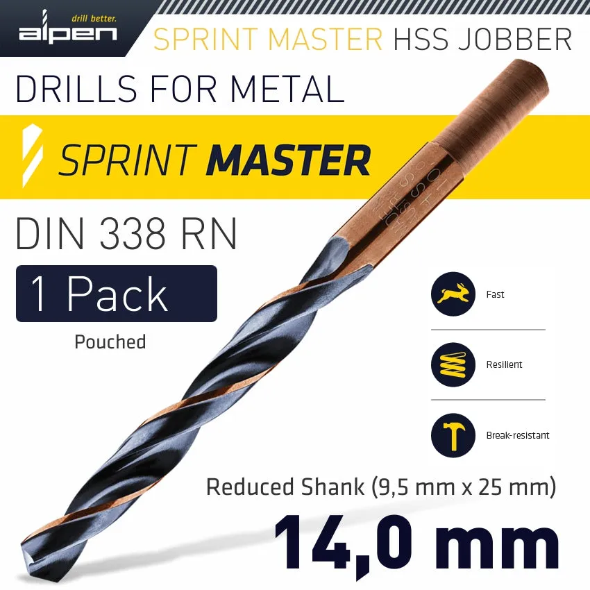 ALPEN HSS SPRINT MASTER 14.0MM RED SHANK 9.5MM X1 SLEEVED DIN338 ALPEN DRILL ALP6400140