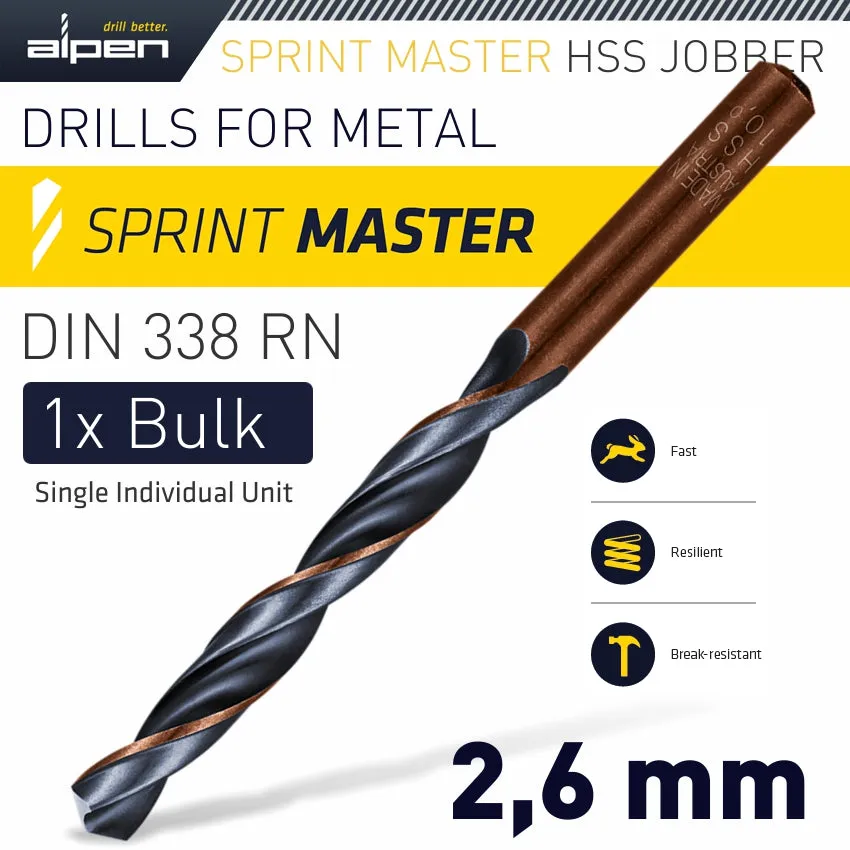 ALPEN HSS SPRINT MASTER 2.6MM BULK DIN 338 ALPEN DRILL BIT ALP6260026