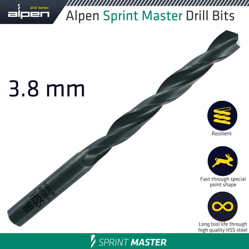 ALPEN HSS SPRINT MASTER 3.8MM X1 615038 SLEEVED DIN338 ALPEN DRILL BIT ALP614038-1