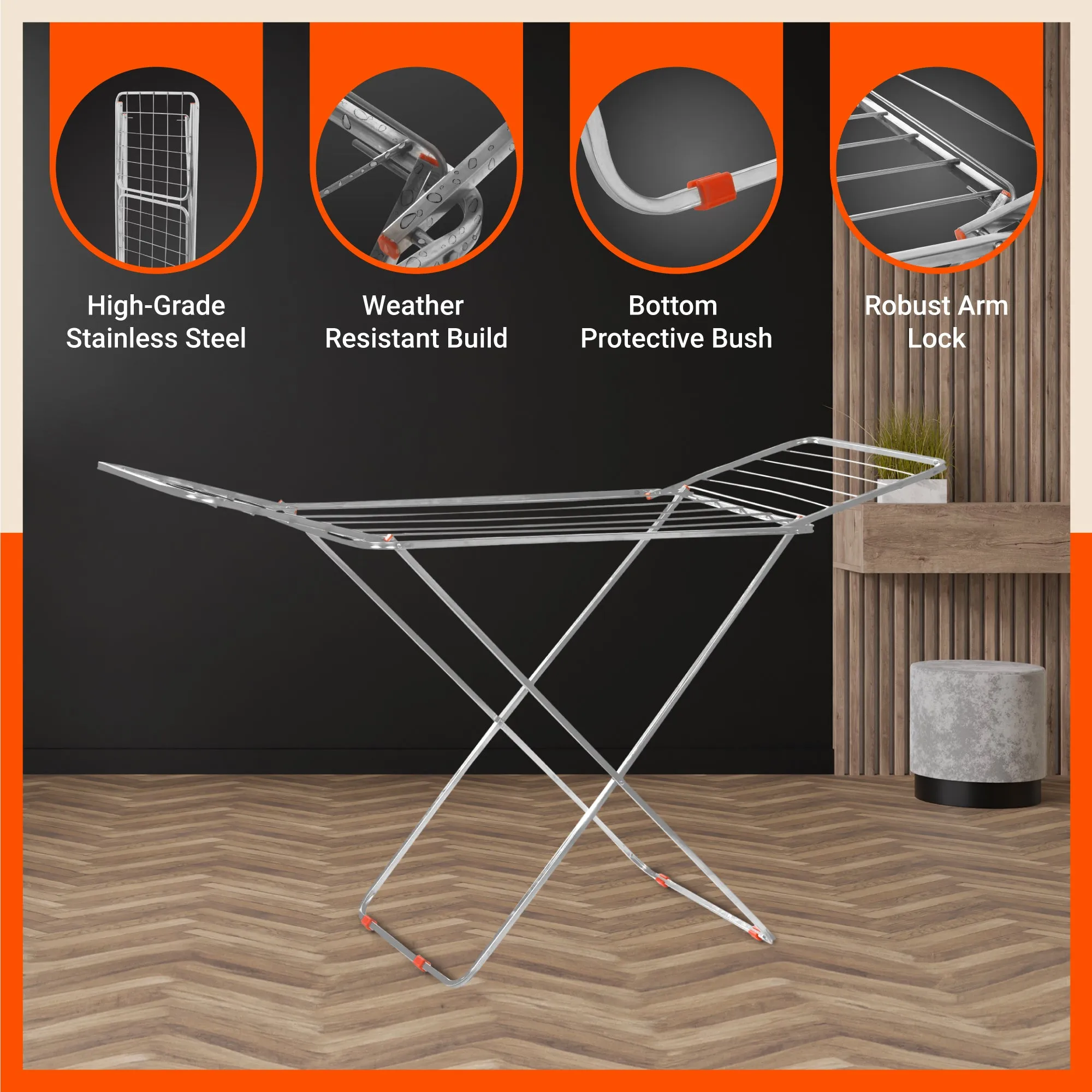 Bathla Mobidry Flex Stainless Steel Foldable Clothes Drying Stand | Heavy Duty, Lightweight | 2 Year Warranty