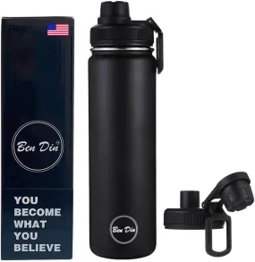 Ben Din 22 oz Insulated Water Bottle with Spout Lid - Stainless Steel Insulated insulated Vacuum Sealed Black Water Bottle - BPA Free & Sweat-Proof Thermos