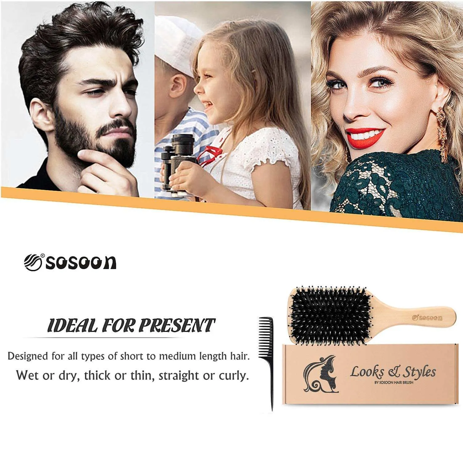 Boar Bristle Paddle Hairbrush with Giftbox