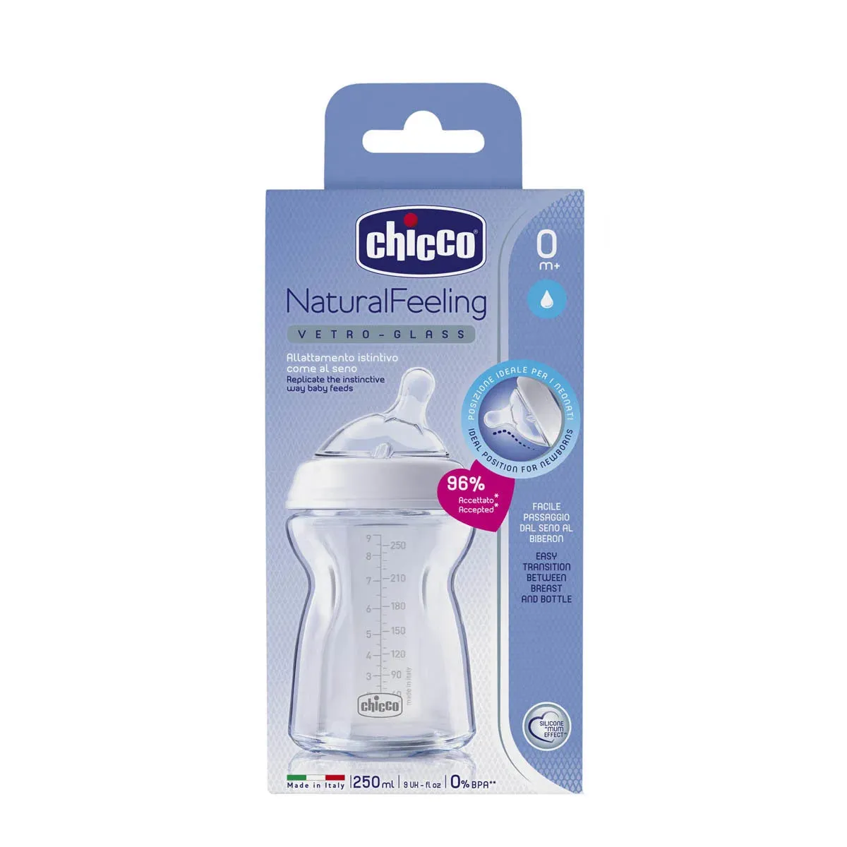 Chicco Natural Feeling Medium Glass Bottle 2m  250ml