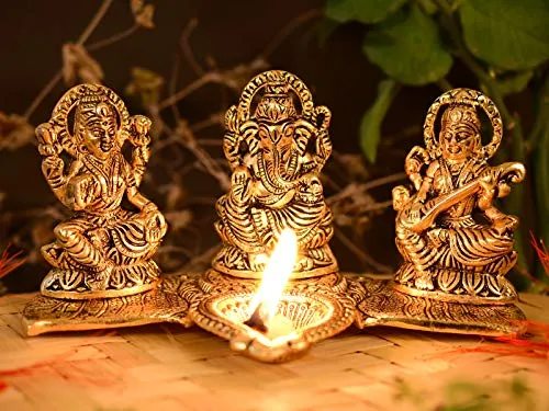 Collectible India Decorative Laxmi Ganesha Sitting Diya Statue - Puja Diya- Lakshmi Ganesh Saraswati Showpiece Oil Lamp Diya Decoration