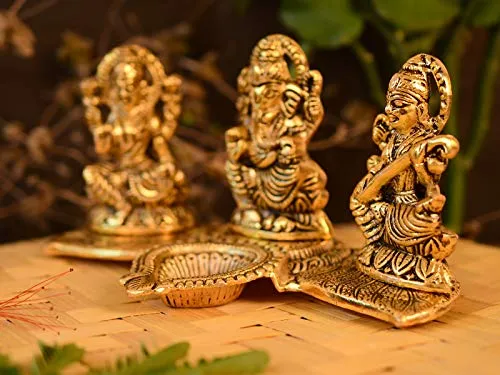 Collectible India Decorative Laxmi Ganesha Sitting Diya Statue - Puja Diya- Lakshmi Ganesh Saraswati Showpiece Oil Lamp Diya Decoration