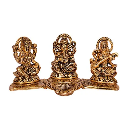 Collectible India Decorative Laxmi Ganesha Sitting Diya Statue - Puja Diya- Lakshmi Ganesh Saraswati Showpiece Oil Lamp Diya Decoration