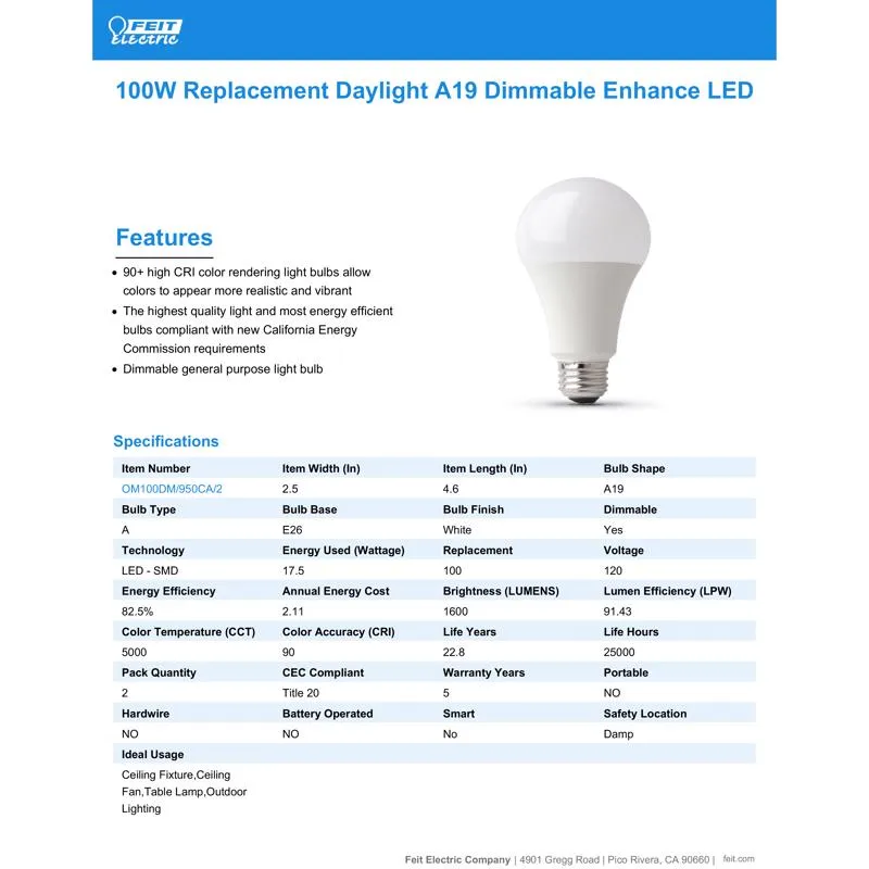 Feit Enhance A19 E26 (Medium) LED Bulb Daylight 100 Watt Equivalence 2 pk