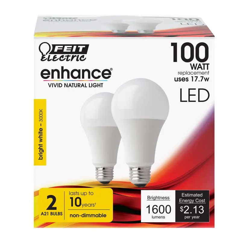 Feit Enhance A21 E26 (Medium) LED Bulb Bright White 100 Watt Equivalence 2 pk