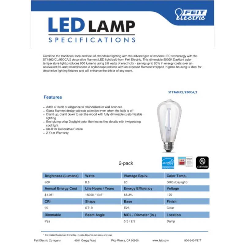 Feit LED Filament ST19 E26 (Medium) Filament LED Bulb Daylight 60 Watt Equivalence 2 pk