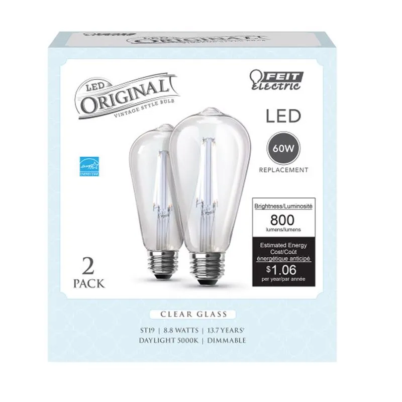 Feit LED Filament ST19 E26 (Medium) Filament LED Bulb Daylight 60 Watt Equivalence 2 pk