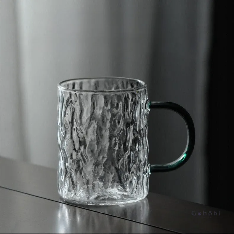 Gohobi Japanese Style Glass Mug with Heat-resistant Hammer Pattern and Transparent Green Handle