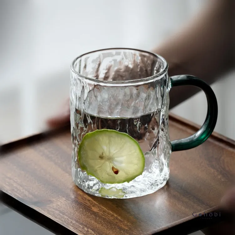 Gohobi Japanese Style Glass Mug with Heat-resistant Hammer Pattern and Transparent Green Handle