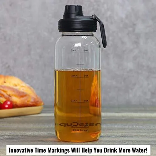 InstaCuppa Borosilicate Glass Water Bottle 1000 ML with Full Length Stainless Steel Infuser, Fruit Infused Detox Recipes eBook, Innovative Time Markings, Sports Sipper Lid, Removable Neoprene Sleeve