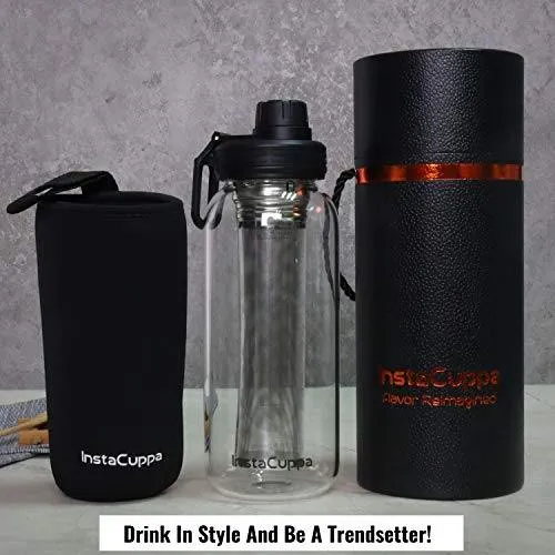 InstaCuppa Borosilicate Glass Water Bottle 1000 ML with Full Length Stainless Steel Infuser, Fruit Infused Detox Recipes eBook, Innovative Time Markings, Sports Sipper Lid, Removable Neoprene Sleeve