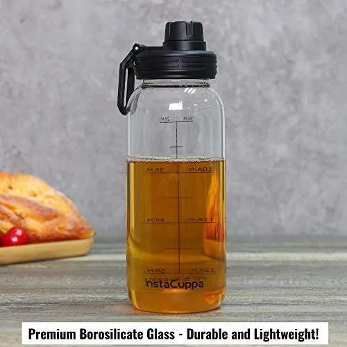 InstaCuppa Borosilicate Glass Water Bottle 1000 ML with Full Length Stainless Steel Infuser, Fruit Infused Detox Recipes eBook, Innovative Time Markings, Sports Sipper Lid, Removable Neoprene Sleeve