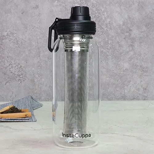 InstaCuppa Borosilicate Glass Water Bottle 1000 ML with Full Length Stainless Steel Infuser, Fruit Infused Detox Recipes eBook, Innovative Time Markings, Sports Sipper Lid, Removable Neoprene Sleeve