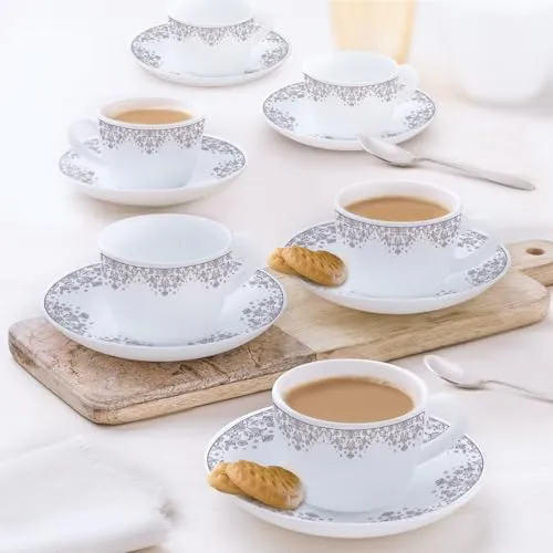 Larah by BOROSIL Lark Opalware Cup and Saucer Set of 12 pcs | Tea/Coffee Cups 145 ml | Microwave & Dishwasher Safe | Bone-Ash Free | Crockery Set Ideal for Daily Use & Gifting, White