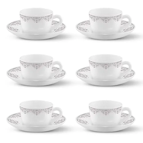 Larah by BOROSIL Lark Opalware Cup and Saucer Set of 12 pcs | Tea/Coffee Cups 145 ml | Microwave & Dishwasher Safe | Bone-Ash Free | Crockery Set Ideal for Daily Use & Gifting, White