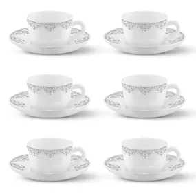 Larah by BOROSIL Lark Opalware Cup and Saucer Set of 12 pcs | Tea/Coffee Cups 145 ml | Microwave & Dishwasher Safe | Bone-Ash Free | Crockery Set Ideal for Daily Use & Gifting, White