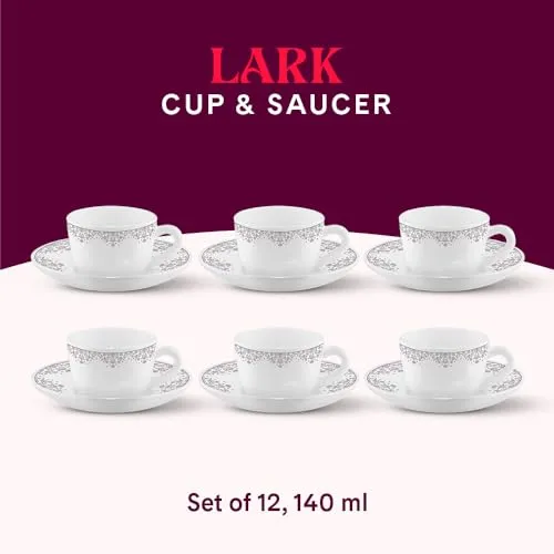 Larah by BOROSIL Lark Opalware Cup and Saucer Set of 12 pcs | Tea/Coffee Cups 145 ml | Microwave & Dishwasher Safe | Bone-Ash Free | Crockery Set Ideal for Daily Use & Gifting, White