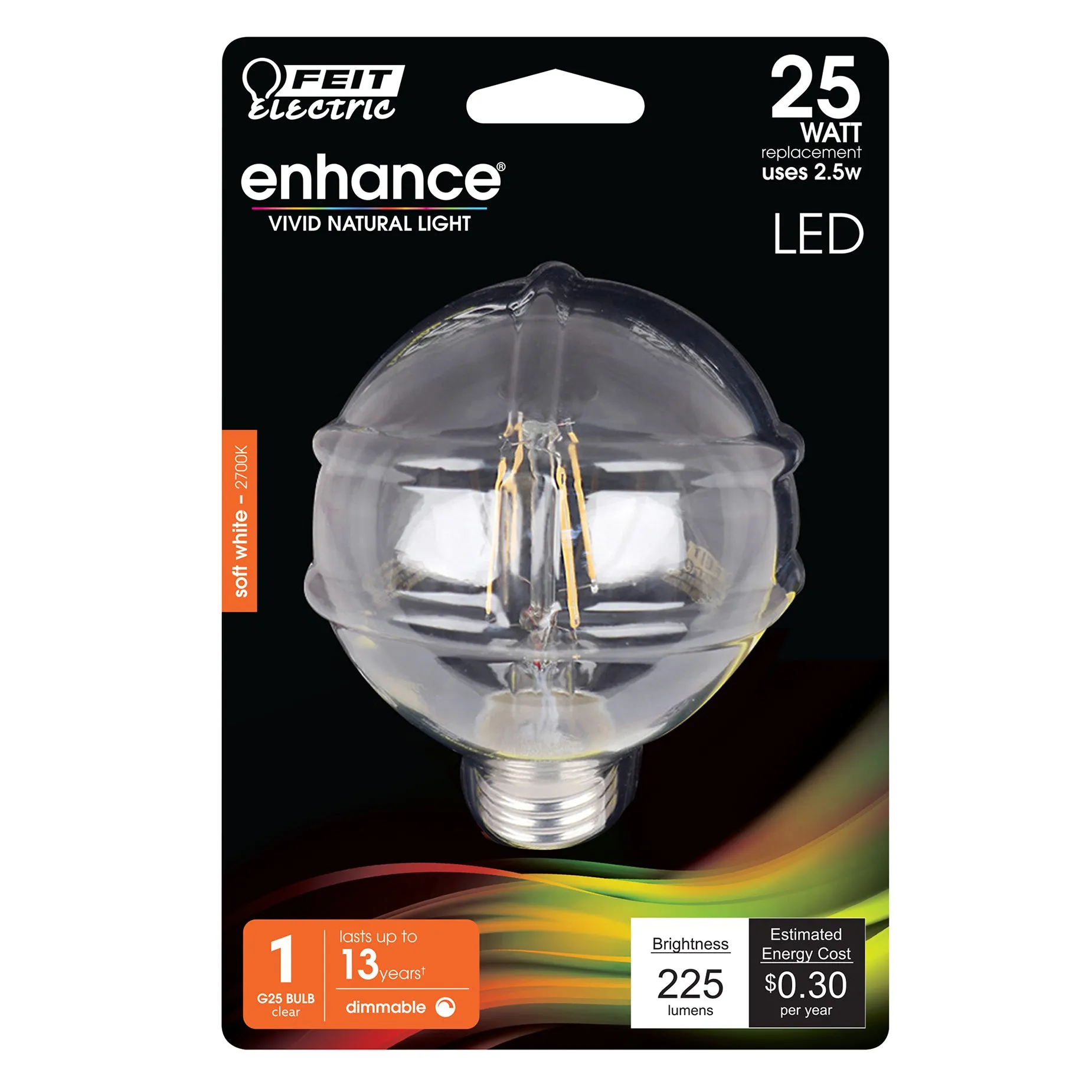 LED Globe Light Bulbs G25 , E26, Filament, Clear, Dimmable, White, G161/2, 2 Pack