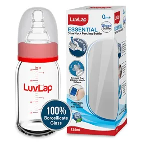 LuvLap Essential Slim Neck Glass Feeding Bottle, 125ml, 0m /Babies Upto 3 Years, Made of Borosilicate Glass, BPA Free, Ergonomic Shape is Easy to Hold, with Anti Colic Nipple, White & Red, Pack of 1