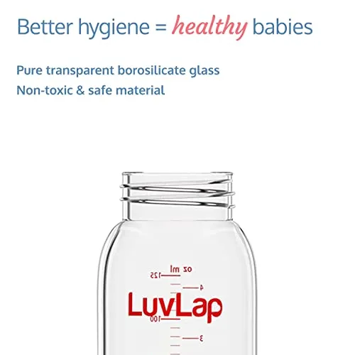 LuvLap Essential Slim Neck Glass Feeding Bottle, 125ml, 0m /Babies Upto 3 Years, Made of Borosilicate Glass, BPA Free, Ergonomic Shape is Easy to Hold, with Anti Colic Nipple, White & Red, Pack of 1