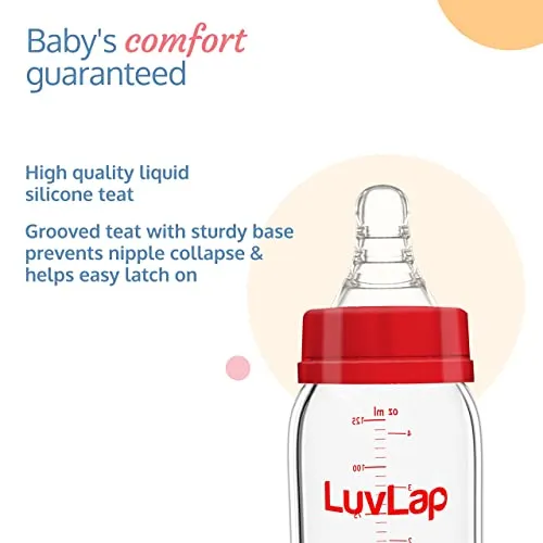 LuvLap Essential Slim Neck Glass Feeding Bottle, 125ml, 0m /Babies Upto 3 Years, Made of Borosilicate Glass, BPA Free, Ergonomic Shape is Easy to Hold, with Anti Colic Nipple, White & Red, Pack of 1