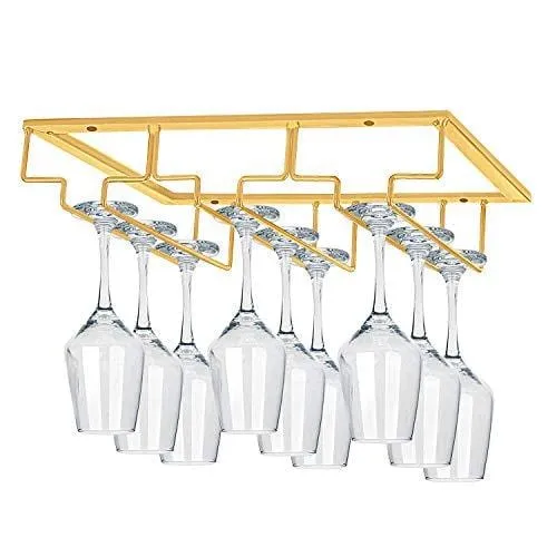 MOCOUM Wine Glasses Rack Under Cabinet Stemware Rack, Wine Glass Hanger Rack Wire Wine Glass Holder Storage Hanger for Cabinet Kitchen Bar (Glod, 3 Rows 2 Pack)