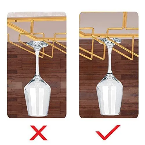 MOCOUM Wine Glasses Rack Under Cabinet Stemware Rack, Wine Glass Hanger Rack Wire Wine Glass Holder Storage Hanger for Cabinet Kitchen Bar (Glod, 3 Rows 2 Pack)