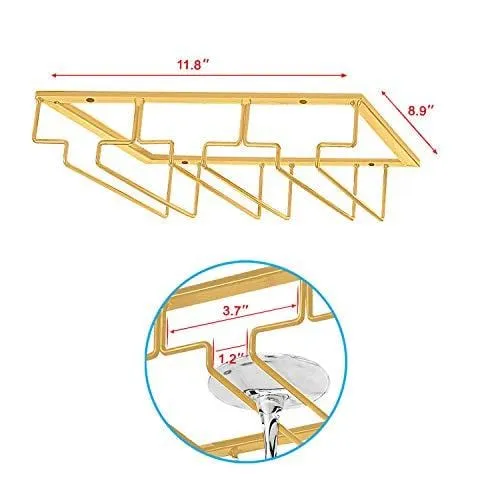 MOCOUM Wine Glasses Rack Under Cabinet Stemware Rack, Wine Glass Hanger Rack Wire Wine Glass Holder Storage Hanger for Cabinet Kitchen Bar (Glod, 3 Rows 2 Pack)