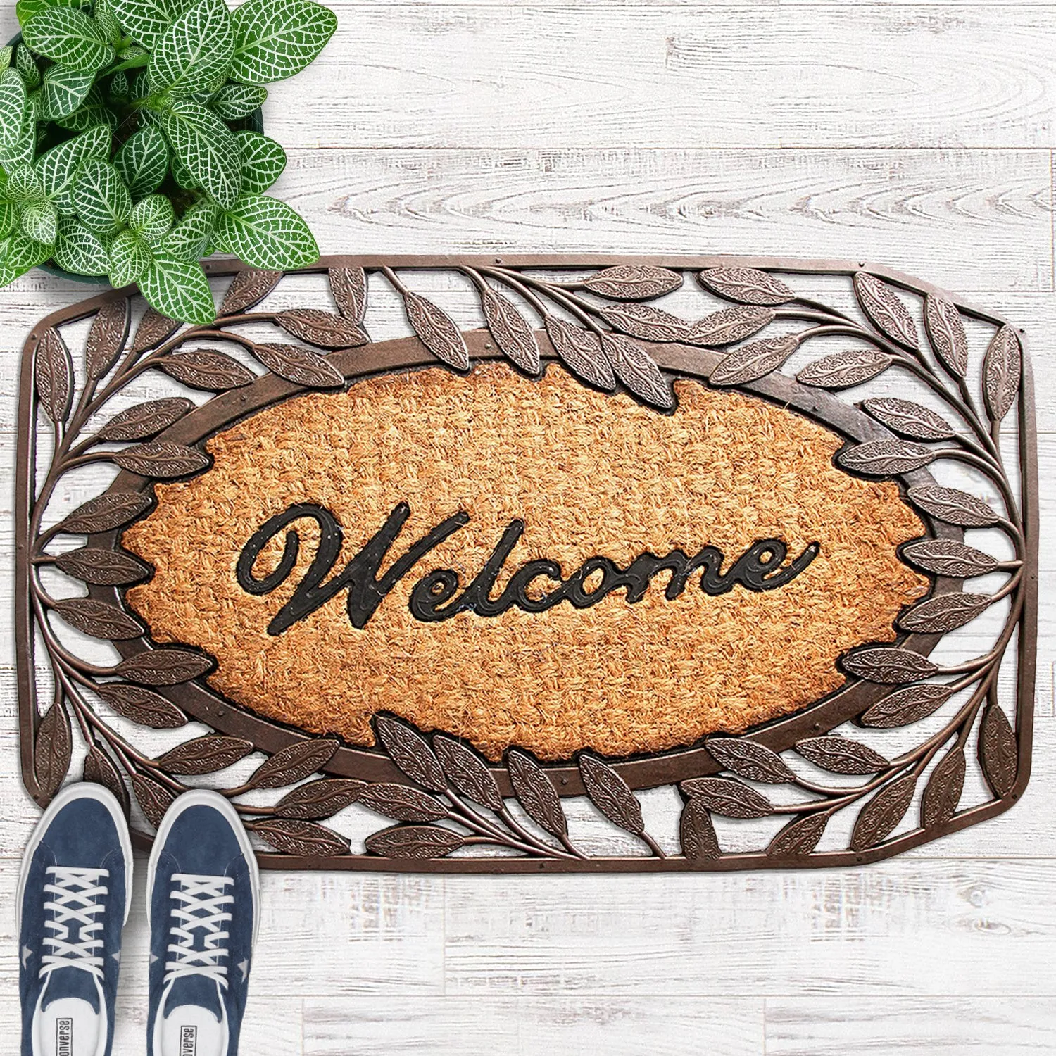 OnlyMat Leaf Design Border Rubber Coir Doormat