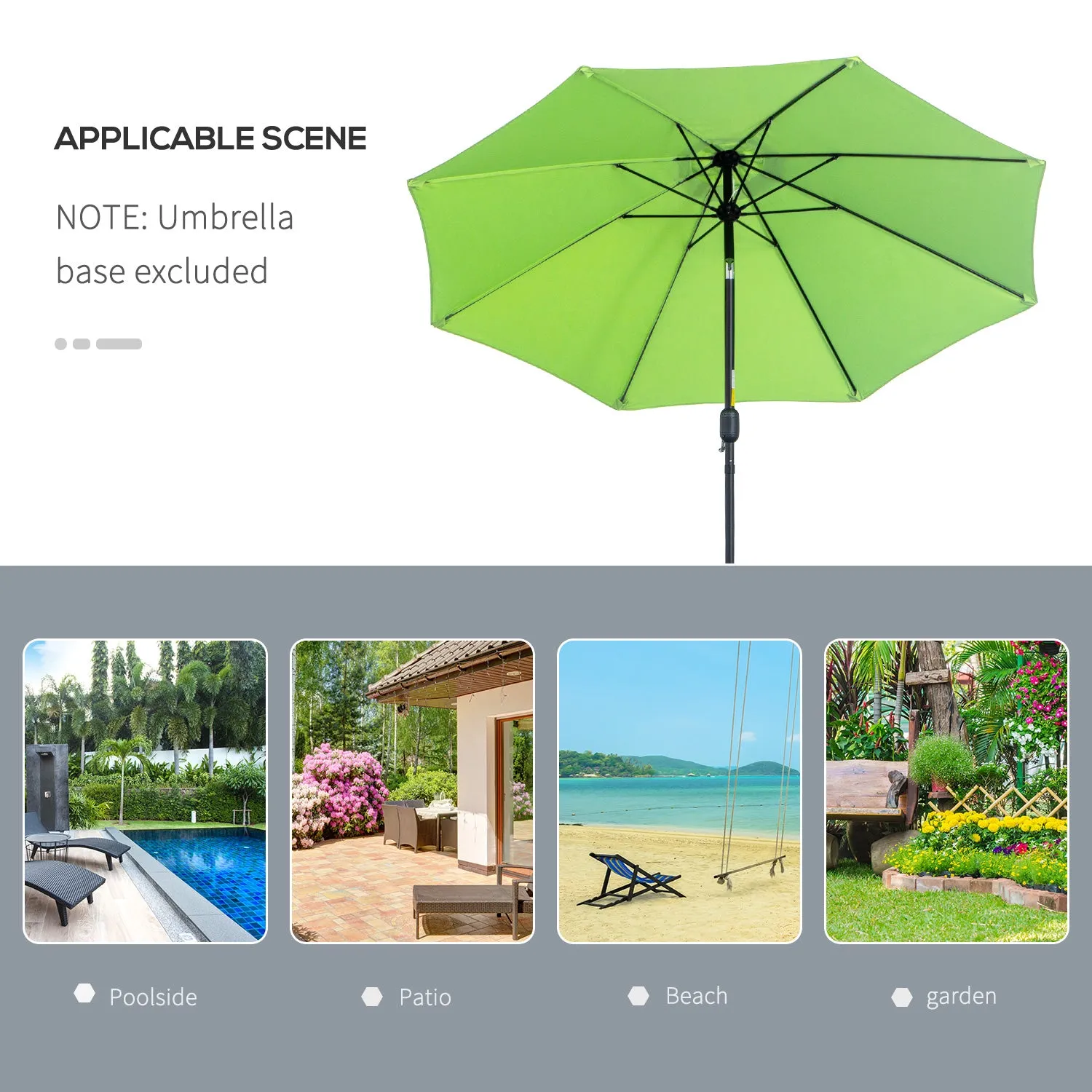 Outsunny 2.7M Patio Parasol Sun Umbrella, Tilt Shade Shelter Canopy with Crank 8 Ribs Aluminium Frame, Green