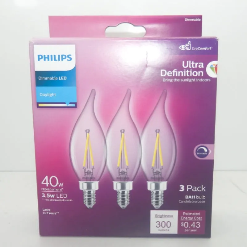 Pack of 3 Philips 40W BA11 E12 Clear LED Dimmable Candle Bulb BA11 E12