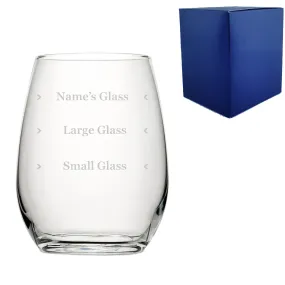 Personalised Engraved Stemless Amber Wine Glass with Name's Glass Serif Measurements Design, Customise with Any Name