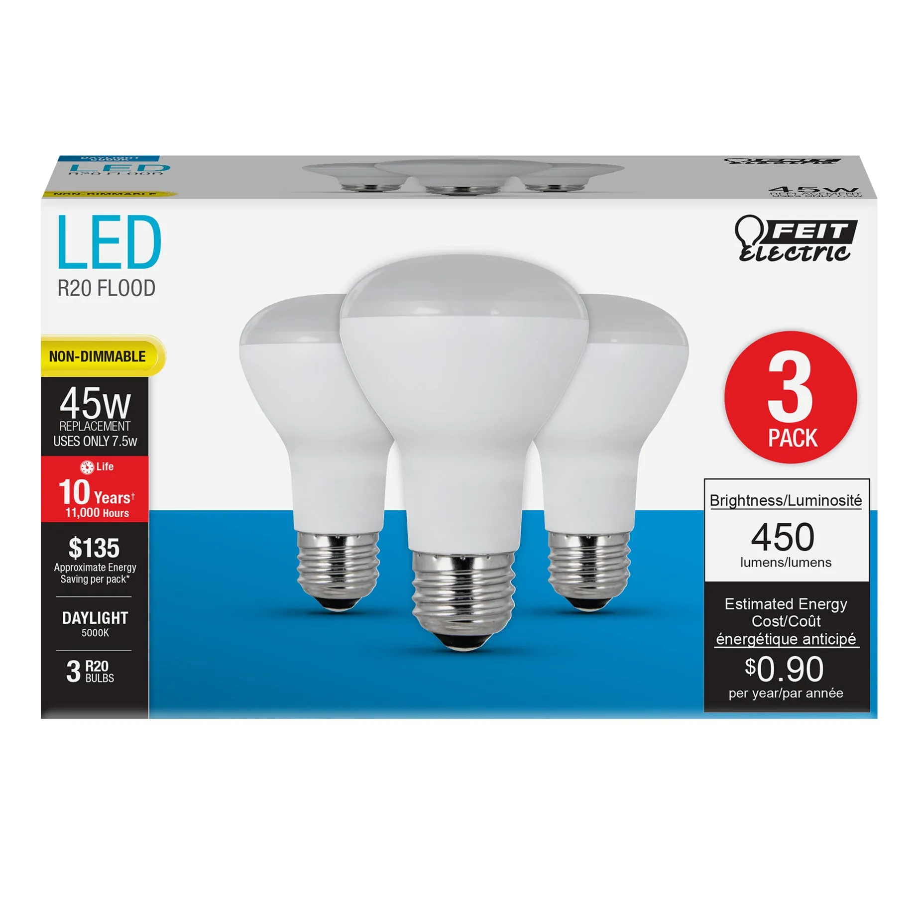 R20 LED Light Bulbs, 7.5 Watts, Reflector, 450 lumens, Non-Dimmable, 5000K