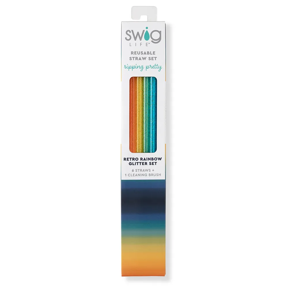 Retro Rainbow Glitter Reusable Straw Set