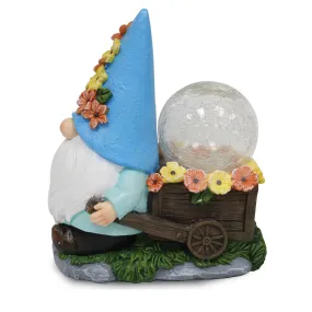 Silver & Stone Outdoor Solar Jinxie Wheelbarrow Gnome with Blue Hat with Yellow Flowers - Crackle Ball Solar Effect