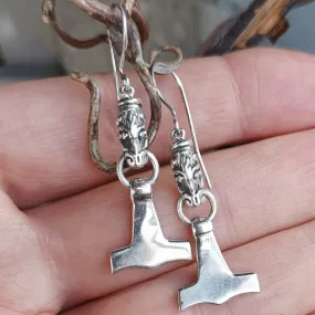 Silver Gotland Dragon Thors Hammer Earrings