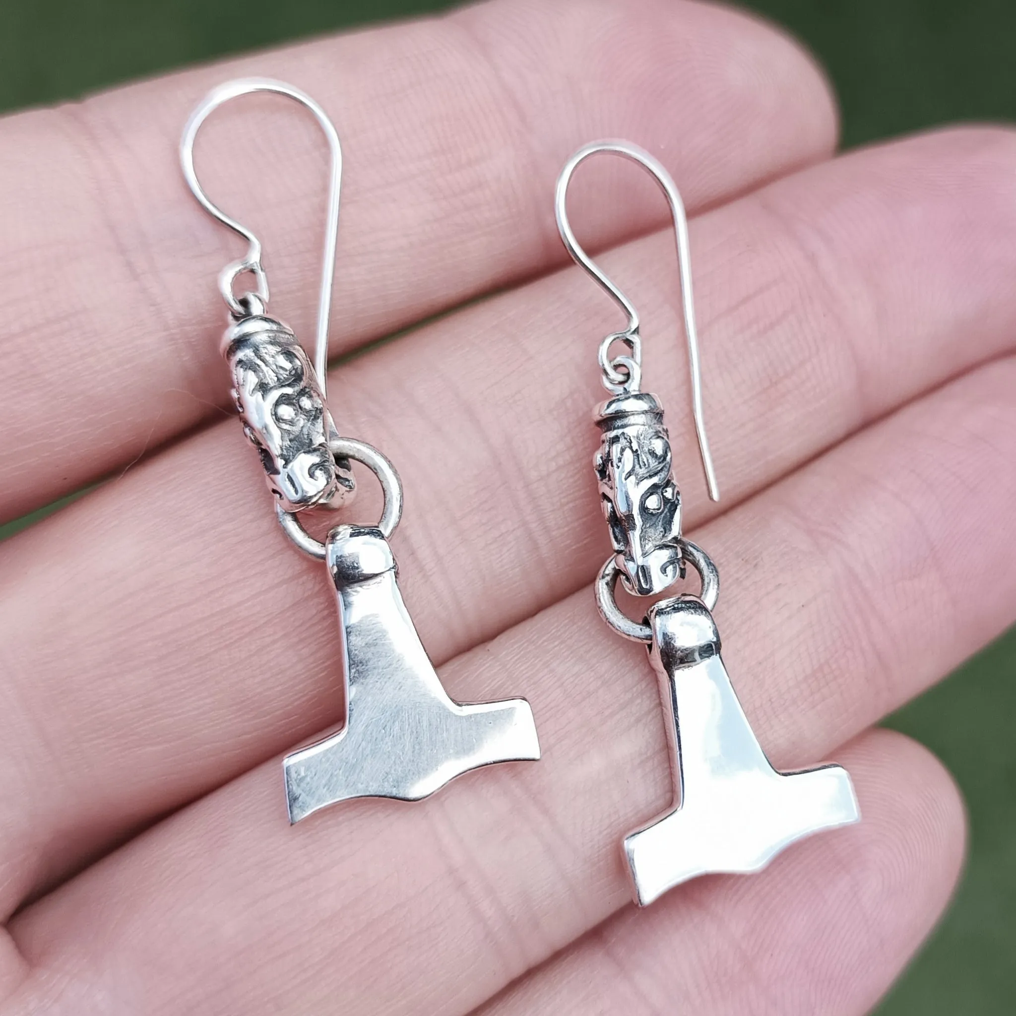 Silver Gotland Dragon Thors Hammer Earrings