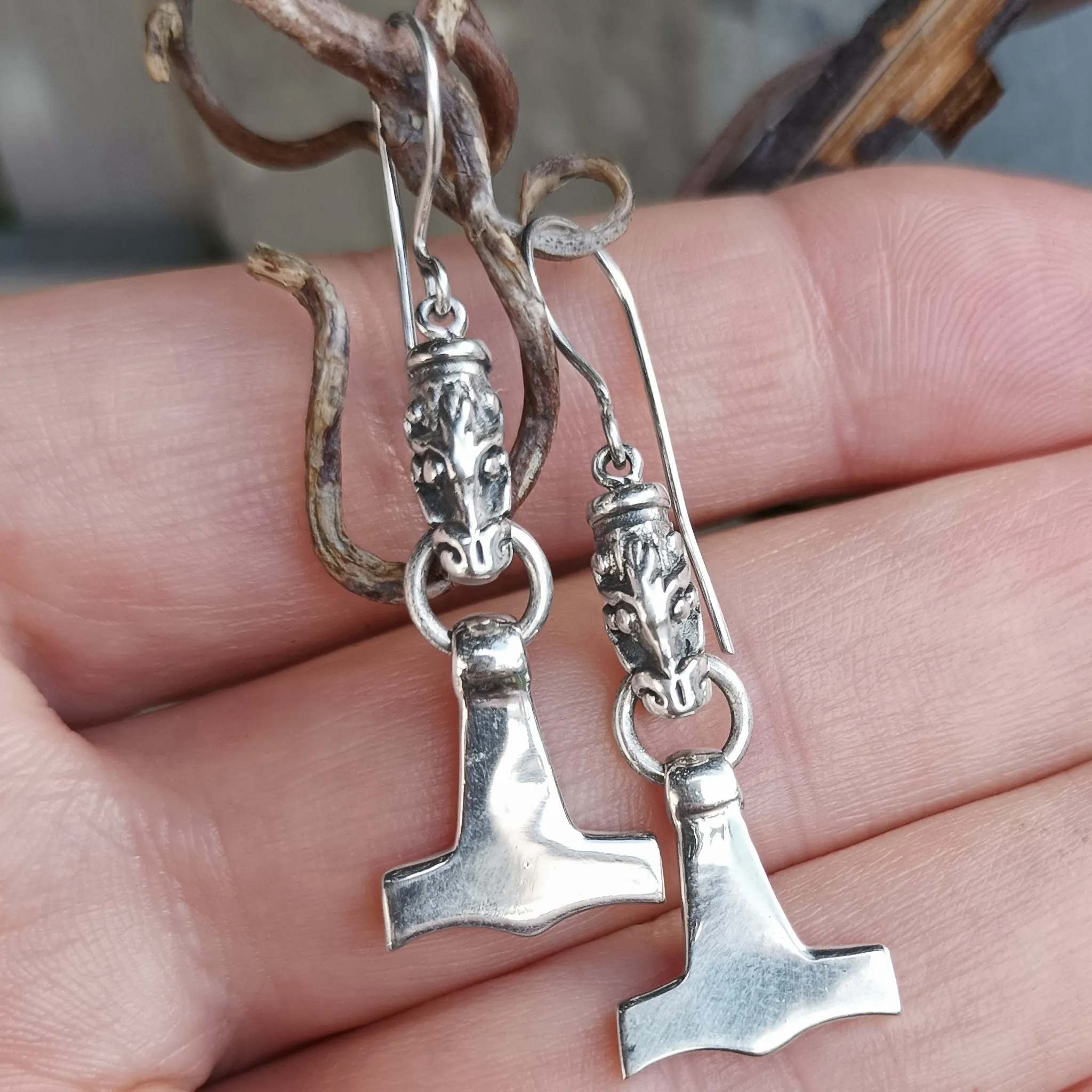 Silver Gotland Dragon Thors Hammer Earrings