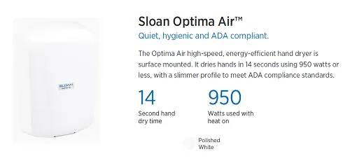 Sloan® Optima® Air EHD-702-PW Hand Dryer - Polished White Epoxy on Zinc Alloy Cover, High Speed, Automatic, Surface-Mounted ADA-Compliant (208V-277V)