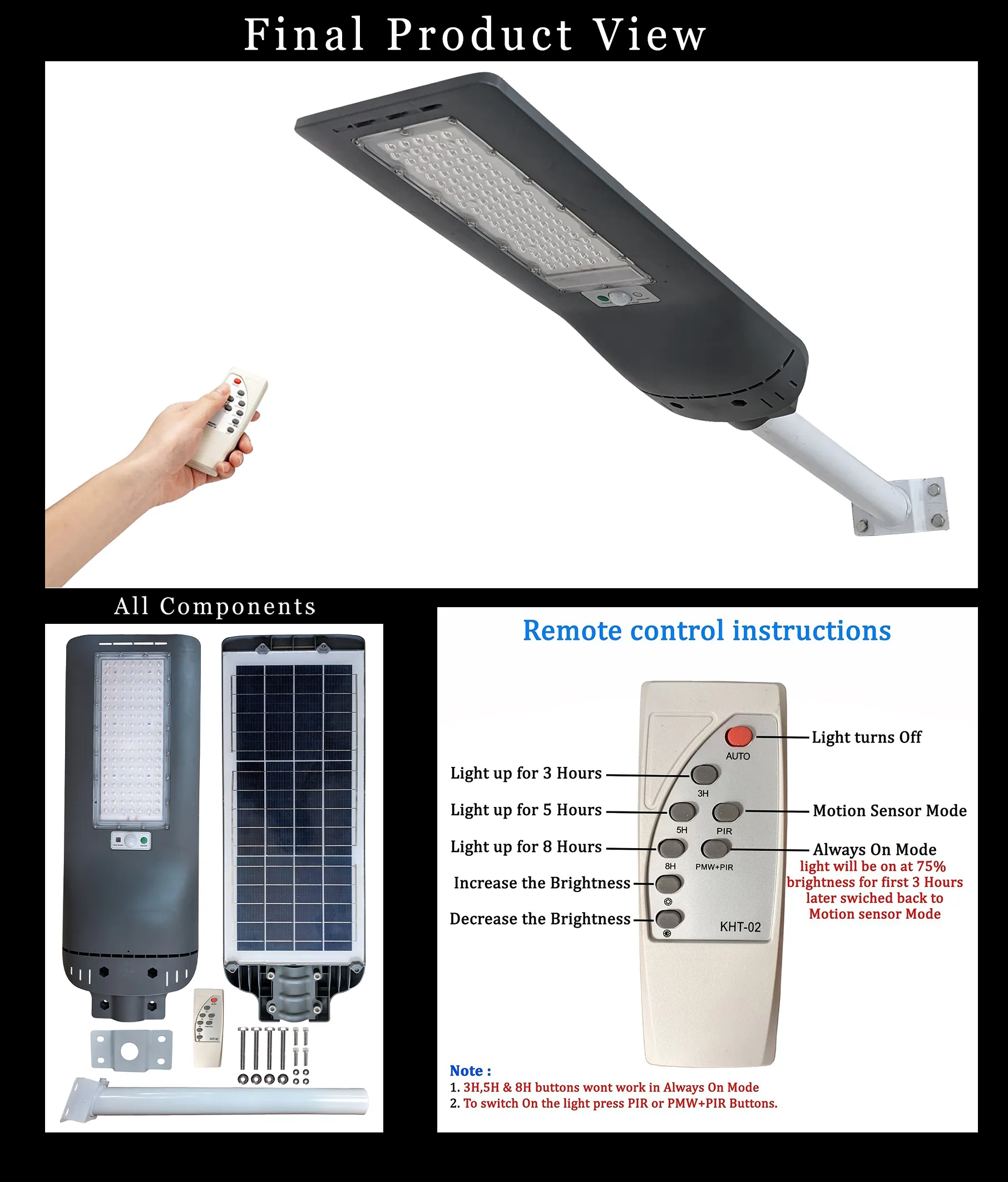 Solar Street Light 80 Watt LED Chip Owl Series Motion Sensor - TTASLM80W