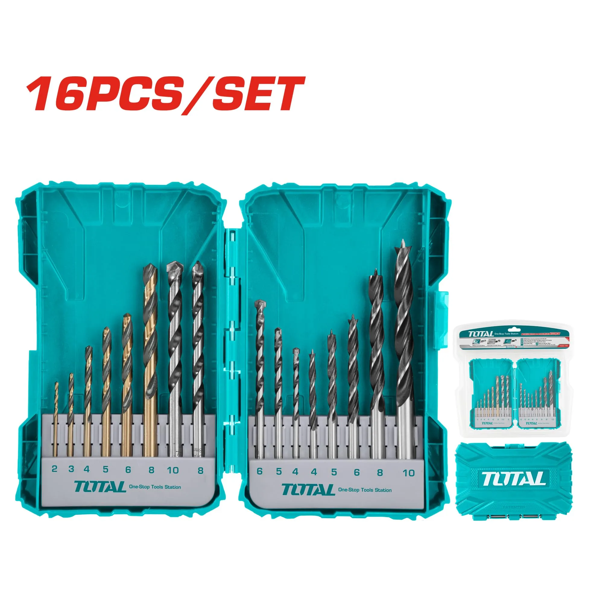 Total 16 Pcs metal, concrete and wood drill bits set TACSDL11601